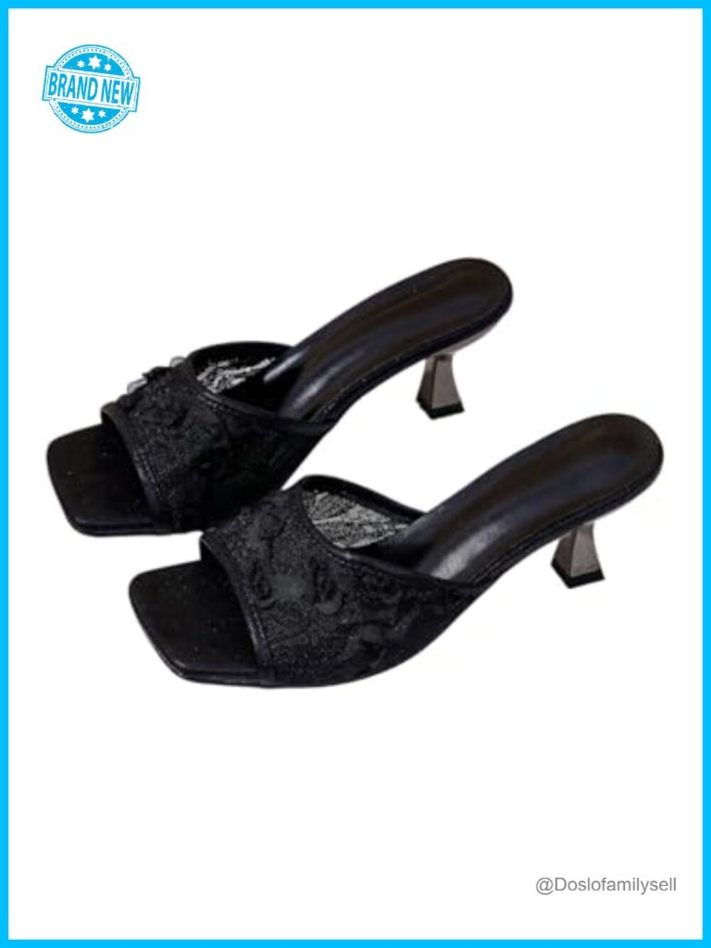 Floral Lace Kitten Heel Square Toe Mesh Slip On Heeled Mules